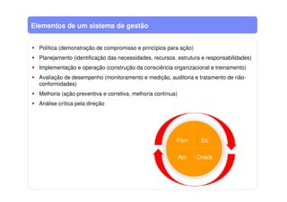Elementos de um sistema de gestão
Política (demonstração de compromisso e princípios para ação)
Planejamento (identificação das necessidades, recursos, estrutura e responsabilidades)
Implementação e operação (construção da consciência organizacional e treinamento)
Avaliação de desempenho (monitoramento e medição, auditoria e tratamento de não-
conformidades)
Melhoria (ação preventiva e corretiva, melhoria contínua)
Análise crítica pela direção
 