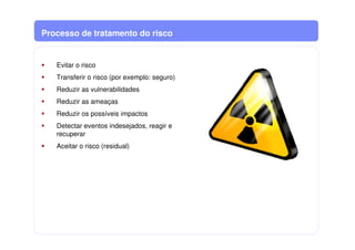 Evitar o risco
Transferir o risco (por exemplo: seguro)
Reduzir as vulnerabilidades
Reduzir as ameaças
Reduzir os possíveis impactos
Detectar eventos indesejados, reagir e
recuperar
Aceitar o risco (residual)
Processo de tratamento do risco
 