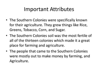 Important Attributes 
• The Southern Colonies were specifically known 
for their agriculture. They grew things like Rice, 
Greens, Tobacco, Corn, and Sugar. 
• The Southern Colonies soil was the most fertile of 
all of the thirteen colonies which made it a great 
place for farming and agriculture. 
• The people that came to the Southern Colonies 
were mostly out to make money by farming, and 
Agriculture. 
 