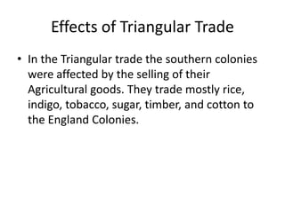 Effects of Triangular Trade 
• In the Triangular trade the southern colonies 
were affected by the selling of their 
Agricultural goods. They trade mostly rice, 
indigo, tobacco, sugar, timber, and cotton to 
the England Colonies. 
 