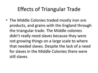 Effects of Triangular Trade 
• The Middle Colonies traded mostly iron ore 
products, and grains with the England through 
the triangular trade. The Middle colonies 
didn’t really need slaves because they were 
not growing things on a large scale to where 
that needed slaves. Despite the lack of a need 
for slaves in the Middle Colonies there were 
still slaves. 
 