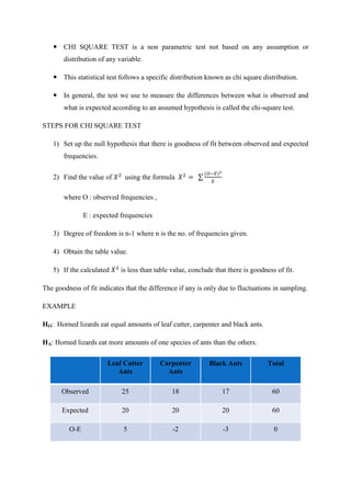 CHI SQUARE TEST is a non parametric test not based on any assumption or
distribution of any variable.
 This statistical test follows a specific distribution known as chi square distribution.
 In general, the test we use to measure the differences between what is observed and
what is expected according to an assumed hypothesis is called the chi-square test.
STEPS FOR CHI SQUARE TEST
1) Set up the null hypothesis that there is goodness of fit between observed and expected
frequencies.
2) Find the value of using the formula ∑
where O : observed frequencies ,
E : expected frequencies
3) Degree of freedom is n-1 where n is the no. of frequencies given.
4) Obtain the table value.
5) If the calculated is less than table value, conclude that there is goodness of fit.
The goodness of fit indicates that the difference if any is only due to fluctuations in sampling.
EXAMPLE
HO: Horned lizards eat equal amounts of leaf cutter, carpenter and black ants.
HA: Horned lizards eat more amounts of one species of ants than the others.
Leaf Cutter
Ants
Carpenter
Ants
Black Ants Total
Observed 25 18 17 60
Expected 20 20 20 60
O-E 5 -2 -3 0
 