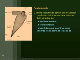 Funcionamento
O ciclone é constituído por um cilindro vertical
com fundo cónico. As suas características
determinantes são:
- a secção de entrada,
- o corpo cilíndrico
- a transição cónica a partir do corpo
cilíndrico até ao ponto de saída do pó
12
 