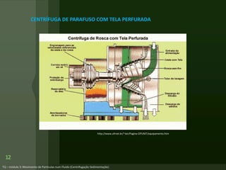 12
http://www.ufrnet.br/~lair/Pagina-OPUNIT/equipamento.htm
CENTRÍFUGA DE PARAFUSO COM TELA PERFURADA
 