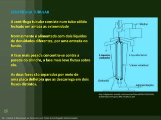 15
http://abgtecalim.yolasite.com/resources/Opera%C3%A7%C3%A3o
%20de%20Centrifuga%C3%A7%C3%A3o.pdf
CENTRÍFUGA TUBULAR
A centrífuga tubular consiste num tubo sólido
fechado em ambas as extremidade
Normalmente é alimentada com dois líquidos
de densidades diferentes, por uma entrada no
fundo.
A fase mais pesada concentra-se contra a
parede do cilindro, a fase mais leve flutua sobre
ela.
As duas fases são separadas por meio de
uma placa defletora que as descarrega em dois
fluxos distintos.
 