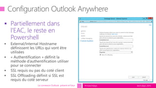 tech.days 2015#mstechdays
 Partiellement dans
l’EAC, le reste en
Powershell
La connexion Outlook présent et futur
 
