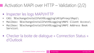tech.days 2015#mstechdays
 Inspecter les logs MAPI/HTTP
 Checker la boite de dialogue « Connection Status »
d’Outlook
La connexion Outlook présent et futur
 