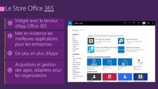 Apps that enhance your business
Docusign for Outlook Paypal Invoicing
Get signatures on documents Create and email professional
invoices in seconds in minutes
Sensei Task Analyser for Project Nimble for Outlook
Identify and eliminate issues Insights and organisation for your
before they appear business relationships
CATEGORY
All
Communication
CRM
Data Analytics
Editor’s Picks
Education
Productivity
Project
Management
Reference
Sales & Marketing
Search
PRODUCT
All
Excel
Outlook
Office 365
PowerPoint
Project
SharePoint
Word
MANAGE CUSTOMER RELATIONSHIPS
EDITOR’S PICKS
Intégré avec le lanceur
d’App Office 365
De plus en plus d’Apps
Acquisition et gestion
des apps, adaptées pour
les organisations
Met en évidence les
meilleures applications
pour les entreprises
 