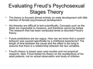 Evaluating Freud’s Psychosexual
             Stages Theory
•   The theory is focused almost entirely on male development with little
    mention of female psychosexual development.

•   His theories are difficult to test scientifically. Concepts such as the
    libido are impossible to measure, and therefore cannot be tested.
    The research that has been conducted tends to discredit Freud's
    theory.

•   Future predictions are too vague. How can we know that a current
    behavior was caused specifically by a childhood experience? The
    length of time between the cause and the effect is too long to
    assume that there is a relationship between the two variables.

•   Freud's theory is based upon case studies and not empirical
    research. Also, Freud based his theory on the recollections of his
    adult patients, not on actual observation and study of children.
 
