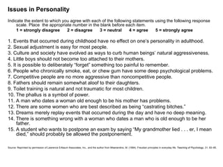 Issues in Personality
Indicate the extent to which you agree with each of the following statements using the following response
     scale. Place the appropriate number in the blank before each item.
     1 = strongly disagree     2 = disagree     3 = neutral     4 = agree    5 = strongly agree

1. Events that occurred during childhood have no effect on one’s personality in adulthood.
2. Sexual adjustment is easy for most people.
3. Culture and society have evolved as ways to curb human beings’ natural aggressiveness.
4. Little boys should not become too attached to their mothers.
5. It is possible to deliberately “forget” something too painful to remember.
6. People who chronically smoke, eat, or chew gum have some deep psychological problems.
7. Competitive people are no more aggressive than noncompetitive people.
8. Fathers should remain somewhat aloof to their daughters.
9. Toilet training is natural and not traumatic for most children.
10. The phallus is a symbol of power.
11. A man who dates a woman old enough to be his mother has problems.
12. There are some women who are best described as being “castrating bitches.”
13. Dreams merely replay events that occurred during the day and have no deep meaning.
14. There is something wrong with a woman who dates a man who is old enough to be her
     father.
15. A student who wants to postpone an exam by saying “My grandmother lied . . . er, I mean
     died,” should probably be allowed the postponement.

Source: Reprinted by permission of Lawrence Erlbaum Associates, Inc., and the author from Miserandino, M. (1994). Freudian principles in everyday life. Teaching of Psychology, 21, 93–95.
 