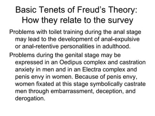 Basic Tenets of Freud’s Theory:
   How they relate to the survey
Problems with toilet training during the anal stage
  may lead to the development of anal-expulsive
  or anal-retentive personalities in adulthood.
Problems during the genital stage may be
  expressed in an Oedipus complex and castration
  anxiety in men and in an Electra complex and
  penis envy in women. Because of penis envy,
  women fixated at this stage symbolically castrate
  men through embarrassment, deception, and
  derogation.
 
