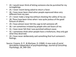 •   24. I would never think of letting someone else be punished for my
    wrongdoings.
•   25. I never resent being asked to return a favor.
•   26. I have never been irked when people expressed ideas very
    different from my own.
•   27. I never make a long trip without checking the safety of my car.
•   28. There have been times when I was quite jealous of the good
    fortune of others.
•   29. I have almost never felt the urge to tell someone off.
•   30. I am sometimes irritated by people who ask favors of me.
•   31. I have never felt that I was punished without cause.
•   32. I sometimes think when people have a misfortune, they only got
    what they deserved.
•   33. I have never deliberately said something that hurt someone’s
    feelings.

Source: Crowne, D. P., & Marlowe, D. (1960). A new scale of social
   desirability independent of psychopathology. Journal of Consulting
   Psychology, 24, 349–354.
 