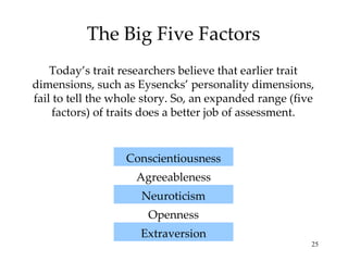 The Big Five Factors
    Today’s trait researchers believe that earlier trait
dimensions, such as Eysencks’ personality dimensions,
fail to tell the whole story. So, an expanded range (five
     factors) of traits does a better job of assessment.


                  Conscientiousness
                     Agreeableness
                      Neuroticism
                       Openness
                     Extraversion
                                                        25
 