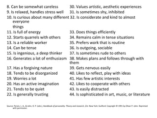8. Can be somewhat careless         30. Values artistic, aesthetic experiences
9. Is relaxed, handles stress well 31. Is sometimes shy, inhibited
10. Is curious about many different 32. Is considerate and kind to almost
    everyone
    things
11. Is full of energy               33. Does things efficiently
12. Starts quarrels with others     34. Remains calm in tense situations
13. Is a reliable worker            35. Prefers work that is routine
14. Can be tense                    36. Is outgoing, sociable
15. Is ingenious, a deep thinker    37. Is sometimes rude to others
16. Generates a lot of enthusiasm 38. Makes plans and follows through with
                                    them
17. Has a forgiving nature          39. Gets nervous easily
18. Tends to be disorganized        40. Likes to reflect, play with ideas
19. Worries a lot                   41. Has few artistic interests
20. Has an active imagination       42. Likes to cooperate with others
21. Tends to be quiet               43. Is easily distracted
22. Is generally trusting           44. Is sophisticated in art, music, or literature

Source: Pervin, L. A., & John, O. P. (eds.), Handbook of personality: Theory and research, 2/e. New York: Guilford. Copyright © 1991 by Oliver P. John. Reprinted
      with permission.
 