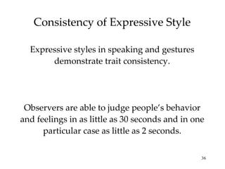 Consistency of Expressive Style

  Expressive styles in speaking and gestures
       demonstrate trait consistency.




 Observers are able to judge people’s behavior
and feelings in as little as 30 seconds and in one
      particular case as little as 2 seconds.

                                                 36
 