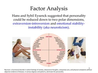 Factor Analysis
           Hans and Sybil Eysenck suggested that personality
           could be reduced down to two polar dimensions,
           extraversion-introversion and emotional stability-
                      instability (aka neuroticism).




                                                                                                                               5
Neurosis: a functional disorder in which feelings of anxiety, obsessional thoughts, compulsive acts, and physical complaints without
objective evidence of disease, in various degrees and patterns, dominate the personality.
 