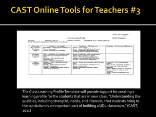 The Class Learning ProfileTemplate will provide support for creating a
learning profile for the students that are in your class. “Understanding the
qualities, including strengths, needs, and interests, that students bring to
the curriculum is an important part of building a UDL classroom.” (CAST,
2011)
 