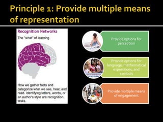 Provide options for
perception
Provide options for
language, mathematical
expressions, and
symbols
Provide multiple means
of engagement
 