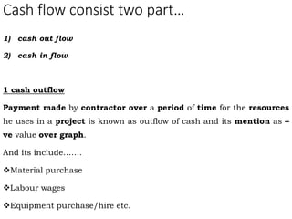 Cash flow consist two part…
1) cash out flow
2) cash in flow
1 cash outflow
Payment made by contractor over a period of time for the resources
he uses in a project is known as outflow of cash and its mention as –
ve value over graph.
And its include…….
Material purchase
Labour wages
Equipment purchase/hire etc.
 