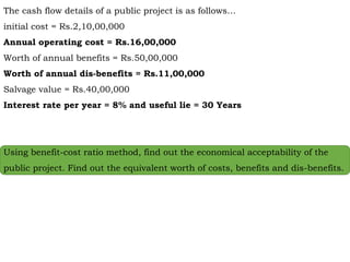 The cash flow details of a public project is as follows…
initial cost = Rs.2,10,00,000
Annual operating cost = Rs.16,00,000
Worth of annual benefits = Rs.50,00,000
Worth of annual dis-benefits = Rs.11,00,000
Salvage value = Rs.40,00,000
Interest rate per year = 8% and useful lie = 30 Years
Using benefit-cost ratio method, find out the economical acceptability of the
public project. Find out the equivalent worth of costs, benefits and dis-benefits.
 