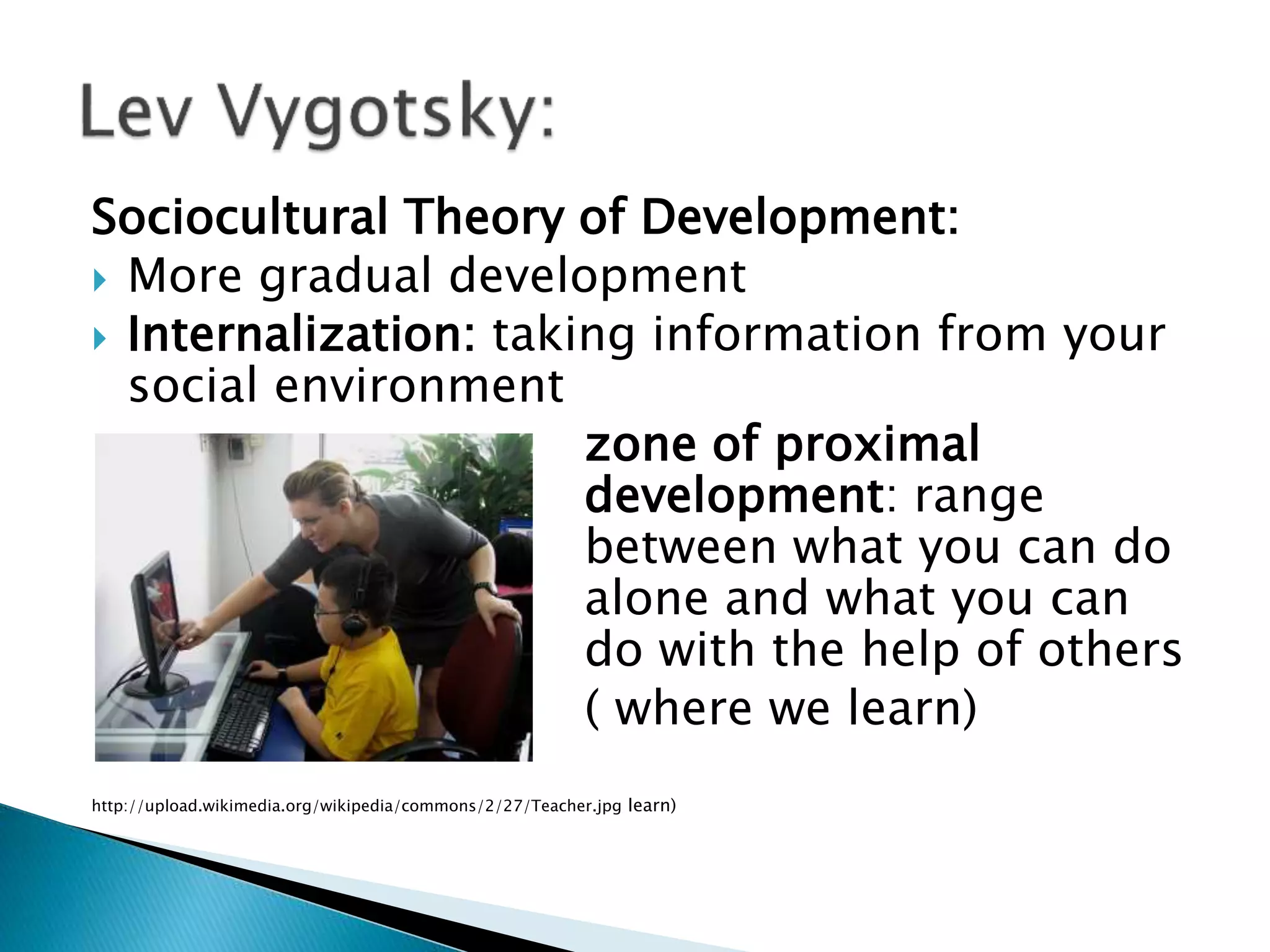 Sociocultural Theory of Development:
 More gradual development
 Internalization: taking information from your
social environment
zone of proximal
development: range
between what you can do
alone and what you can
do with the help of others
( where we learn)
http://upload.wikimedia.org/wikipedia/commons/2/27/Teacher.jpg learn)
 