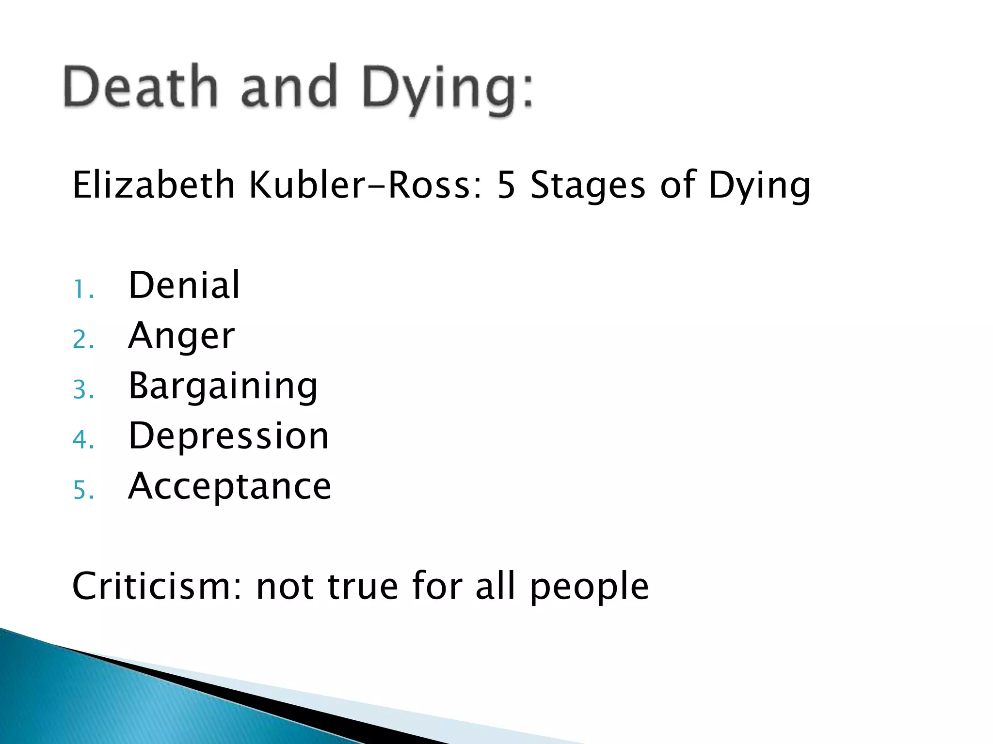 Elizabeth Kubler-Ross: 5 Stages of Dying
1. Denial
2. Anger
3. Bargaining
4. Depression
5. Acceptance
Criticism: not true for all people
 