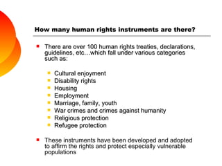 How many human rights instruments are there? There are over 100 human rights treaties, declarations, guidelines, etc…which fall under various categories such as: Cultural enjoyment Disability rights Housing Employment Marriage, family, youth War crimes and crimes against humanity  Religious protection Refugee protection These instruments have been developed and adopted to affirm the rights and protect especially vulnerable populations 