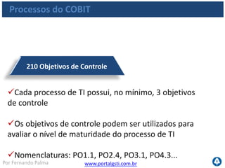 www.portalgsti.com.brPor Fernando Palma
Mais de 1.500 Práticas de Controle
As práticas auxiliam a alcançar os objetivos de
controle
As práticas de controle não fazem parte do
framework publico co COBIT
Pode ser adquirida pelo site da ISACA
Processos do COBIT
 
