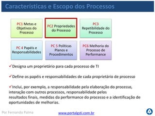 www.portalgsti.com.brPor Fernando Palma
Características e Escopo dos Processos
PC1 Metas e
Objetivos do
Processo
PC2 Propriedades
do Processo
PC3
Repetibilidade do
Processo
PC 4 Papéis e
Responsabilidades
PC 5 Políticas
Planos e
Procedimentos
PC6 Melhoria do
Processo de
Performance
 Elabora e estabelece cada processo-chave de TI de maneira que possa ser
repetido e produzir de maneira consistente os resultados esperados
 Fornece uma seqüência lógica mas flexível das atividades que levarão ao
resultado desejado, sendo ágil o suficiente para lidar com exceções e
emergências
Usa processos consistentes, quando possível, e processos personalizados
apenas quando inevitável.
 