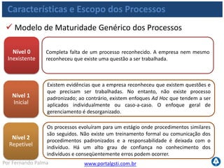 www.portalgsti.com.brPor Fernando Palma
Características e Escopo dos Processos
 Nível de Maturidade dos Processos
Nível 3
Definido
Nível 4
Gerenciado
Nível 5
Otimizado
Procedimentos foram padronizados, documentados e comunicados
através de treinamento. É mandatório que esses processos sejam
seguidos; no entanto, possivelmente desvios não serão detectados. Os
procedimentos não são sofisticados mas existe a formalização das
práticas existentes.
A gerencia monitora e mede a aderência aos procedimentos e adota
ações onde os processos parecem não estar funcionando muito bem.
Os processos estão debaixo de um constante aprimoramento e
fornecem boas práticas. Automação e ferramentas são utilizadas de
uma maneira limitada ou fragmentada.
Os processos foram refinados a um nível de boas práticas, baseado no
resultado de um contínuo aprimoramento e modelagem da
maturidade como outras organizações. TI é utilizada como um caminho
integrado para automatizar o fluxo de trabalho, provendo ferramentas
para aprimorar a qualidade e efetividade, tornando a organização
rápida em adaptar-se.
 