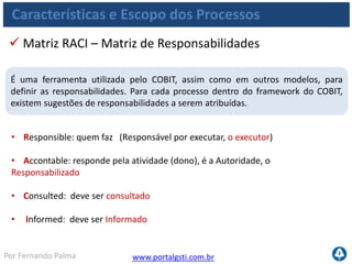 www.portalgsti.com.brPor Fernando Palma
Características e Escopo dos Processos
 Matriz RACI – Matriz de Responsabilidades (Exemplo)
Gerente do
Projeto
Analista de
Sistema
Analista de
Testes
Gerente de
Configuração
Planejamento A/R I I I
Análise de
Requisitos
A/I/C R I -
Codificação A/I I/C - -
Testes A/I/C I/C R
Implantação A I/C I I/C
Versionamento A/I I/C - R
Monitoração e
Controle
A/R I - -
Processo de Desenvolvimento de Sistemas
 