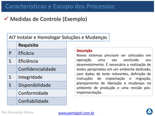 www.portalgsti.com.brPor Fernando Palma
Características e Escopo dos Processos
 Metas e Métricas (diretrizes de gerenciamento)
O COBIT utiliza dois tipos de métricas: Medidas de Resultado (na versão anterior,
conhecida como KGI) e Indicadores de Performance (na versão anterior, conhecido
como KPI).
Medidas de
Resultado (OM)
Indicam se os objetivos foram atingidos. Esses
podem ser medidos somente após os fatos e
portanto são chamados de indicadores históricos
(lag indicators).
Indicadores de
Performance
(PI)
Indicam se os objetivos serão possivelmente
atingidos. Eles são medidos antes que os
resultados sejam claros e portanto são chamados
de indicadores futuros (lead indicators).
OM = Outcame Masures PI= Performance Indicators
 