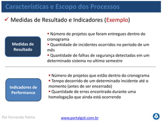 www.portalgsti.com.brPor Fernando Palma
Características e Escopo dos Processos
 Níveis das Metas e Métricas (03 níveis)
Metas e
métricas de TI
Metas e
métricas de
Processos
Metas e
métricas de
atividades
Metas de Negócio • O que o negócio
espera de TI
• As metas dos
processos para que TI
atinja os resultados
• O que as atividades
precisam entregar para
suportar metas do
processo
 
