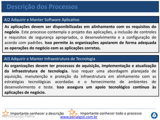 www.portalgsti.com.brPor Fernando Palma
Descrição dos Processos
AI4 Habilitar Operação e Uso
Conhecimento sobre novos sistemas deve estar disponível. Este processo requer a
elaboração de documentação e manuais para usuários e para TI e a promoção de
treinamentos para assegurar a operação e uso apropriado das aplicações e
infraestrutura.
Importante conhecer a descrição Importante conhecer todo o processo
AI5 Adquirir Recursos de TI
Recursos de TI, incluindo pessoas, hardware, software e serviços precisam ser
adquiridos. Isso requer a definição e a aplicação de procedimentos de aquisição, a
seleção de fornecedores, o estabelecimento de arranjos contratuais e a aquisição
propriamente dita. Assim assegura-se que a organização tenha todos os recursos de
TI necessários a tempo e com boa relação custo-benefício.
 