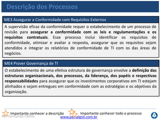 www.portalgsti.com.brPor Fernando Palma
Verdadeiro ou Falso?
1. ( ) Definir os sistemas apropriados para otimizar o uso dessa
informação faz parte dos objetivos do processo PO2 Definir a
Arequitetura da Informação .
2. ( ) Definir um plano estratégico é um objetivo que está contido em
um processo do domínio Adquirir e Implementar.
3. ( ) Estabelecer um programa e uma estrutura de gestão de projeto
para o gerenciamento de todos os projetos é um objetivo do PO3
Gerenciar Projetos.
4. ( ) Habilitar Operação e Uso e Adquirir Recursos de TI são dois
processos pertencentes ao domínio de Aquisição e Implementação.
5. ( ) O processo DS5 Garantir a Segurança de Sistemas traz como
benefício a proteção todos os ativos de TI e minimiza o impacto sobre
os negócios.
 