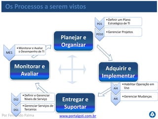 www.portalgsti.com.brPor Fernando Palma
Agenda
 Processos
Definir um Plano Estratégico de TI
Gerenciar Projetos
Habilitar Operação em Uso
Gerenciar Mudanças
Definir e Gerenciar Níveis de Serviço
Gerenciar Serviços de Terceiros
Monitorar e Avaliar o desempenho de TI
 