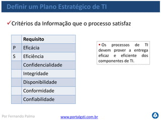 www.portalgsti.com.brPor Fernando Palma
Definir um Plano Estratégico de TI
Áreas de Foco da Governança que o Processo satisfaz
Domínios
Governança
de TI
Gerenciamento
de recursos
Primário
Secundário
 
