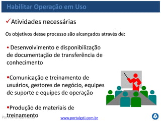 www.portalgsti.com.brPor Fernando Palma
Habilitar a Operação em Uso
Objetivos de Controle
 AI4.1 Planejamento para Soluções Operacionais
 Desenvolver um plano para identificar e documentar todos os aspectos
técnicos, a capacidade operacional e os níveis de serviços necessários
AI4.2 Transferência de Conhecimento ao Gerenciamento do
Negócio
 Transferir o conhecimento ao gerenciamento do negócio
 Permitir que este assuma a propriedade do sistema e dados
 Permitir suas responsabilidades nos processos de entrega, qualidade de
serviço, controles internos e administração da aplicação
 