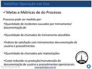 www.portalgsti.com.brPor Fernando Palma
Habilitar Operação em Uso
 Nível de participação de usuários e operadores
no treinamento de cada aplicação;
Intervalo entre as mudanças e atualizações dos
treinamentos, procedimentos e documentações;
Disponibilidade, abrangência e precisão da
documentação de operação e de usuário.
Metas e Métricas das atividades
As atividades do processo podem ser medidas por:
 