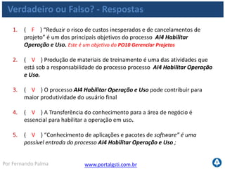 www.portalgsti.com.brPor Fernando Palma
Verdadeiro ou Falso? - Respostas
6. ( F ) A descrição ao lado corresponde ao nível 01 de maturidade do
processo AI4 Habilitar Operação e Uso. “Não há nenhum processo
estabelecido no que diz respeito à elaboração de documentação de
usuário, manuais de operações e material de treinamento.” Pertence ao
Nível 0
7. ( V ) A métrica “Percentual de proprietários de negócio satisfeitos
com treinamentos e materiais de suporte para aplicações” pode ser
utilizada para mensurar o setor de TI dentro do processo AI4 Habilitar
Operação e Uso.
8. ( V ) Considerando que uma determinada empresa tenha como
objetivo estratégico de negócio “Aumentar o número de vendas mensais”,
a implantação do processo AI4 Habilitar Operação e Uso pode contribuir
para suportar este objetivo, através da disponibilização de treinamentos e
manuais de suporte para o sistema de vendas da mesma empresa.
 