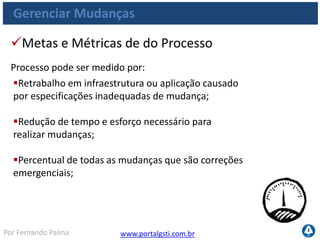 www.portalgsti.com.brPor Fernando Palma
Gerenciar Mudanças
Percentual de mudanças registradas e rastreadas
com ferramentas automatizadas;
Percentual de mudanças que seguem o processo
formal de controle de mudanças;
Proporção entre solicitações de mudança
aceitas e rejeitadas;
Metas e Métricas das atividades
As atividades do processo podem ser medidas por:
 