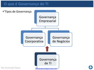 www.portalgsti.com.brPor Fernando Palma
O que é Governança de TI
Tipos de GovernançaGovernança de Negócios
•Visa cumprir as metas de performance do negócio da empresa
•Preocupa-se com Geração de Valor
•Busca crescimento da empresa
Governança Coorporativa
•Visa o cumprimento de requisitos obrigatórios
•Preocupa-se com a conformidade em relação a legislação e regulamentos internos
e externos
•Cobre papéis, estrutura e responsabilidades da diretoria e dos executivos
Governança de TI
•Preocupa-se em atender todos os objetivos empresariais
•Preocupa-se com conformidade e performance
•É parte da Governança Empresarial, mas pode ser também mencionada como parte
Da Governança Coorporativa
Tipos de Governança
 