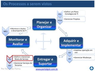 www.portalgsti.com.brPor Fernando Palma
Definir e Gerenciar Níveis de Serviço
Objetivos
Melhorar a comunicação entre a direção de TI e os
clientes de negócio
Definir e acordar os níveis de serviço necessários a
área de negócio
Monitorar e relatar os níveis de serviço entregues
Alinhar objetivos de performance TI a requisitos de
negócio
 