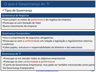 www.portalgsti.com.brPor Fernando Palma
Verdadeiro ou Falso?
1. ( ) Multas contratuais é um dos possíveis impactos que pode
ser resultante de uma má eficiência do setor de TI
2. ( ) Entregar valor e reduzir custos são dois entre os maiores
desafios vividos por TI
3. ( ) A Governança de TI é parte da Governança Coorporativa
4. ( ) A Governança de TI é parte da Governança Empresarial
 