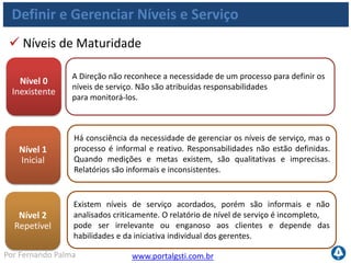 www.portalgsti.com.brPor Fernando Palma
Definir e Gerenciar Níveis e Serviço
 Níveis de Maturidade
Nível 3
Definido
Nível 4
Gerenciado
Nível 5
Otimizado
As responsabilidades são bem definidas, porém com autoridade
baseada em julgamento individual. Serviços e níveis de serviço são
definidos, documentados e acordados seguindo um processo padrão.
Os níveis de serviço são acordados, mas podem não atender às
necessidades do negócio.
Os níveis de serviço são cada vez mais estabelecidos na fase de
definição dos requisitos de sistema e incorporados ao projeto da
aplicação e dos ambientes operacionais. A satisfação dos clientes é
rotineiramente medida e avaliada. As métricas de desempenho
refletem as necessidades dos clientes e não as metas de TI.
Os níveis de serviço são continuamente reavaliados para assegurar o
alinhamento entre os objetivos de TI e de negócio, considerando o
custo/benefício da tecnologia. Todos os processos de gerenciamento
de níveis de serviço estão sujeitos a melhoria contínua. Os níveis de
satisfação dos clientes são constantemente monitorados e gerenciados.
 