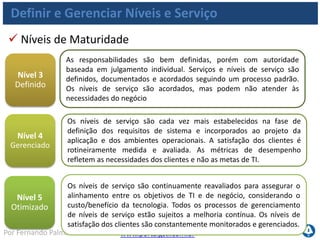 www.portalgsti.com.brPor Fernando Palma
Definir e Gerenciar Níveis e Serviço
Percentual de partes interessadas do negócio
satisfeitas com o atendimento dos serviços
entregues aos níveis de serviço acordados;
Percentual dos usuários satisfeitos com o
atendimento dos serviços entregues aos níveis de
serviço acordados (desafio)
Metas e Métricas de TI
TI pode ser mensurada (em relação ao alinhamento com
negócio) por:
 