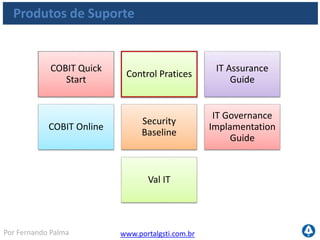 www.portalgsti.com.brPor Fernando Palma
Práticas de Controle (Control Pratices)
 Fornecem uma abordagem detalhada aos objetivos de controle,
contribuindo para a implementação
 Orientação de como implementar, enquanto objetivos de
controle orientam ao que implementar
 Para cada objetivo de controle existem 03 a 12 práticas de
controle
 Além de orientações, o guia sugere
os benefícios da implementação do
O.C. e riscos de não implementar
Produtos de Suporte
 
