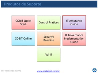 www.portalgsti.com.brPor Fernando Palma
Guia de Validação (IT Assurance Guide)
 Guia de Validação para profissionais que precisam garantir o
funcionamento dos controles internos e melhoria dos processos
 Fornece conselhos de como testar cada objetivo de controle,
assegurando se os controles são suficientes
 Ajuda a elaborar plano de auditoria
Produtos de Suporte
 