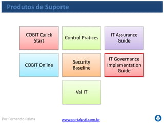 www.portalgsti.com.brPor Fernando Palma
IT Governance Implementation Guide
 É um roadmap para o conselho de administração,
gerencia executiva, profissionais de controle e
auditores
 Estabelece um modelo de um ciclo de vida de
implementação de Governança de TI, utilizando o
COBIT
 Demonstra porque a Governança de TI é
importante, como o COBIT está vinculado
e partes interessadas
Produtos de Suporte
 