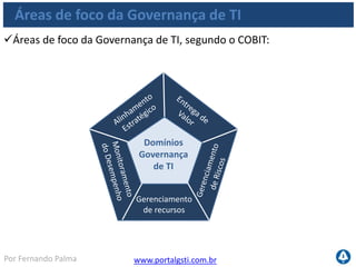 www.portalgsti.com.brPor Fernando Palma
Áreas de foco da Governança de TI
Áreas de foco da Governança de TI, segundo o COBIT:
Gerenciamento
de recursos
Domínios
Governança
de TI
 Consiste em alinhar os objetivos de TI aos
objetivos de Negócio;
Para tanto, é preciso que o Plano
Estratégico de TI seja baseado no Plano
Estratégico de Negócio;
Foco em soluções que contribuam para o
crescimento da empresa ou cumprimento
de requisitos;
Pode ser utilizado o BSC para desdobrar a
estratégia da organização;
 